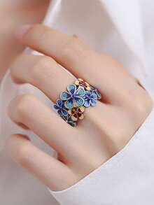 1 pieza Anillo ajustable abierto de estilo bohemio vintage con esmalte cloisonné floral, adecuado para uso diario de mujer, regalo de cumpleaños para familia y amigos (el color hecho a mano puede diferir ligeramente de la imagen) - Plata antigua - Ver 3