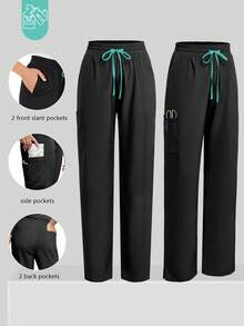 cimmuovere Women's Solid Color Casual Pants With Multiple Pockets, Side Slit, Contrast Color Waistband, Suitable For Scrubs, Nurse Uniforms, Workwear, Dentist, Healthcare, Pet Hospital, Laboratory Spring Black - Black - View 1