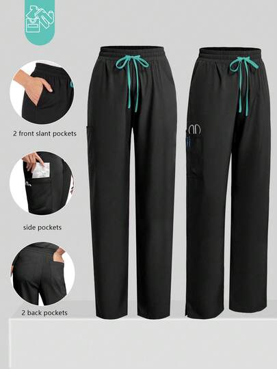 cimmuovere Women's Solid Color Casual Pants With Multiple Pockets, Side Slit, Contrast Color Waistband, Suitable For Scrubs, Nurse Uniforms, Workwear, Dentist, Healthcare, Pet Hospital, Laboratory