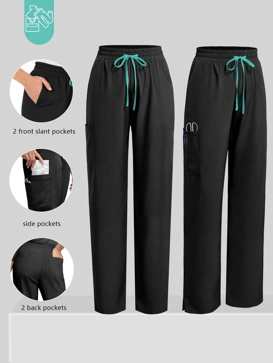 cimmuovere Women's Solid Color Casual Pants With Multiple Pockets, Side Slit, Contrast Color Waistband, Suitable For Scrubs, Nurse Uniforms, Workwear, Dentist, Healthcare, Pet Hospital, Laboratory Spring Black - Black - View 1
