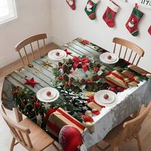 1pc Rectangular Tablecloth, Perfect For Christmas Atmosphere! Vintage Wood Grain & Snowy Landscape Pattern With Holiday Elements, Suitable For Holiday Gatherings, Daily Home, Living Room, Dining Room, Outdoor Picnics, And Theme Events