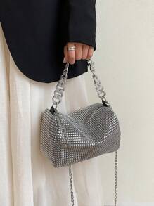 Shiny Rhinestone Hollow Metal Chain Decor Zipper Closure Women's Shoulder Bag