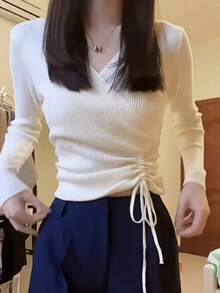 白色抽绳 V 领针织汗衫，修身短款长袖毛衣上衣，女士秋季 - 白色 - 查看 3