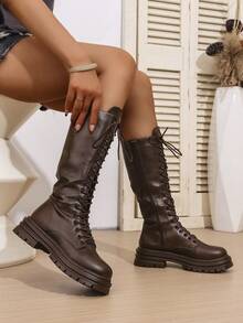 新款女士棕色休闲户外纯色简约西部风格仿PU皮鞋面舒适内里系带侧拉链复古防滑厚底中筒靴，春秋季，派对 - 棕色 - 查看 4