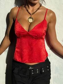 WOWDARK 女士夏季缎面提花V领吊带背心，时尚性感，适合情人节、约会、旅行、度假、海滩等休闲场合。 - 紅色 - 查看 5