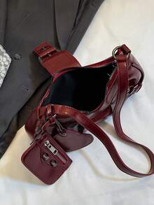 1pc Women's Vintage Mad Max Punk Wanderer Motorcycle Bag With Rivet Decoration, Adjustable Shoulder Strap, Large Capacity, Soft Faux Oil Wax Gradient Color, One Shoulder Underarm Bag, Baguette Bag, Square Bag, Suitable For Work, Commute, Date, Party - Burgundy - View 11
