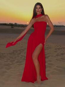 Elegant Sexy Strapless Slit Flowy Evening Gown Dress For Party - Red - View 6