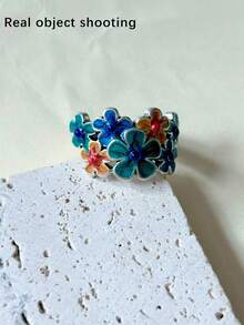1 pieza Anillo ajustable abierto de estilo bohemio vintage con esmalte cloisonné floral, adecuado para uso diario de mujer, regalo de cumpleaños para familia y amigos (el color hecho a mano puede diferir ligeramente de la imagen) - Plata antigua - Ver 8