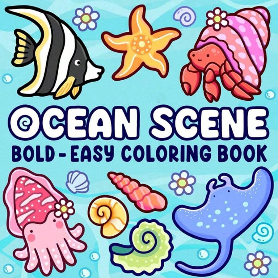 1本海洋场景：52页简易涂色书，适合成人和青少年，超可爱的温馨舒适空间设计，助您放松身心。释放情绪，缓解焦虑 | 节日和特殊场合的理想礼物，返校季Coco Gifts玩具，适合男孩女孩，青少年儿童玩具，Wyo涂色书。绘画套装[默认不含马克笔]。儿童婴儿感官玩具，适合男孩女孩，阅读减压游戏涂色书。