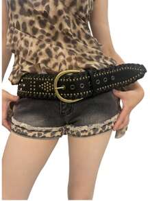 1 件几何图案波西米亚复古 PU 皮革铆钉水钻编织宽腰带，适合裤子、裙子、各种节日、音乐会、Y2K、朋克、复古、西部牛仔风格秋季、秋季、万圣节 - 彩色 - 查看 7