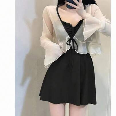 【 レディース水着カバーアップセット】可愛い水着、腹部カバー付 スリミング効果 ワンピース × ツーピース セクシービーチスタイル  日除けポール付き ワンピース水着　黒　露出過多控え　抗菌防臭処理 保守