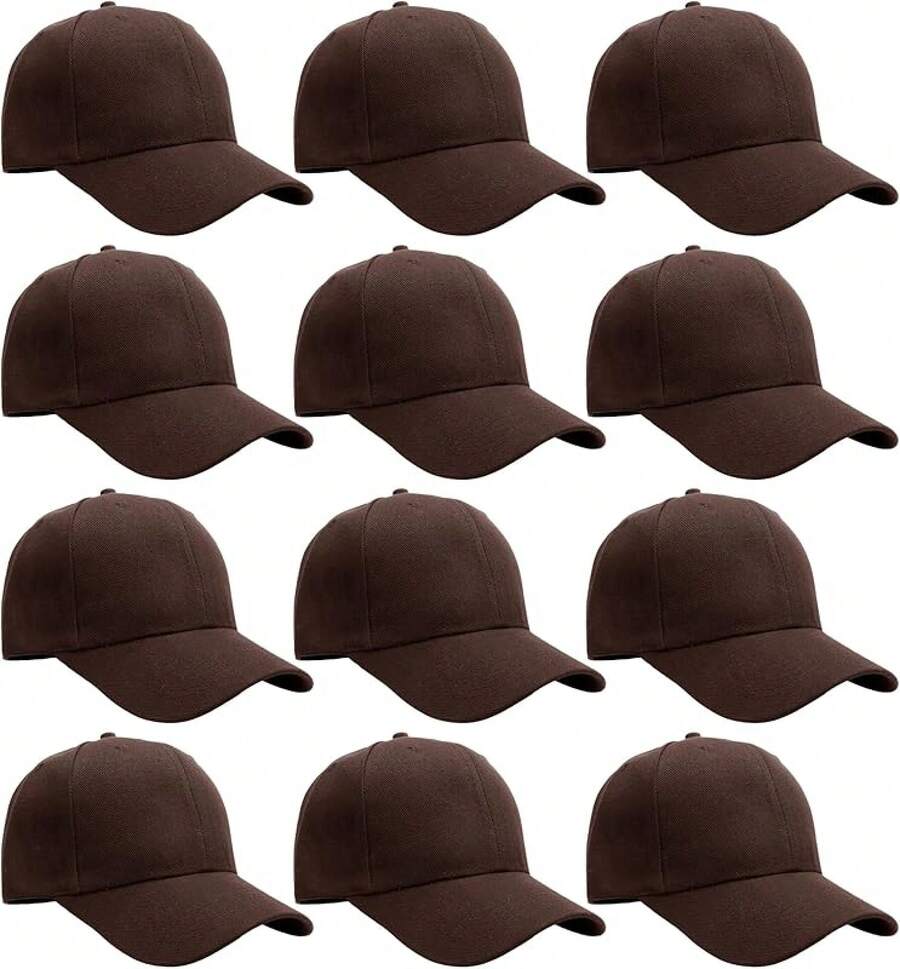 Bulk Lot 12-Pack Adjustable Size Plain Blank Solid Color Baseball Caps - Brown - View 1