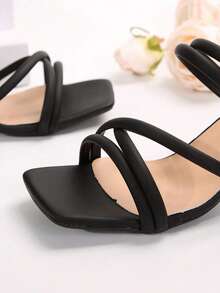 Women's Black Square Toe Slip-On Chunky Heel Sandals, Casual, Minimalist, Elegant, Versatile High Heel Sandals For Daily Wear - Black - View 6