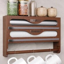 1pc Bamboo Plastic Wrap Dispenser, Aluminum Foil Dispenser With Paper Towel Holder, Foil And Plastic Wrap Organizer, Suitable For Kitchen-Back To School