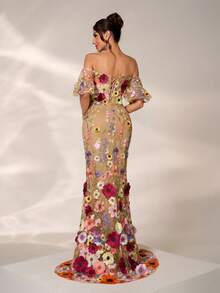 Elisanya Váy dạ hội dài trễ vai, hở vai, thêu hoa 3D sang trọng, lãng mạn, thanh lịch, trang trọng cho khách dự tiệc cưới, tiệc sinh nhật - Nhiều màu - Xem 2