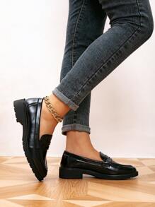 女士圆头平底乐福鞋,厚底复古休闲鞋,学院风学生鞋,春秋季 - 黑色 - 查看 4