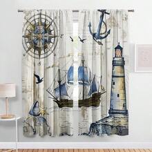 2PCS Antique Marine Theme T Curtain Panels-2pcs Marine Sailboat, Seagull, Lighthouse And Compass Printed On Wood Grain Background-Rod Pocket Polyester Curtain For Living Room, Bedroom, Kitchen-Machine Washable - Multicolor - View 1
