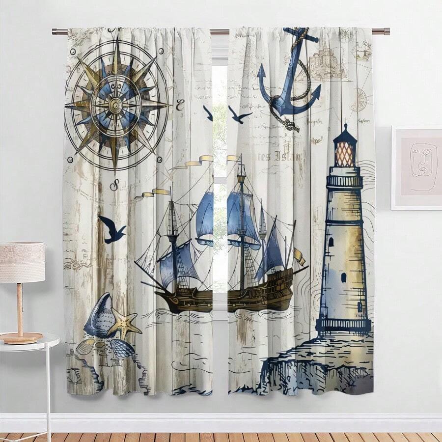 2PCS Antique Marine Theme T Curtain Panels-2pcs Marine Sailboat, Seagull, Lighthouse And Compass Printed On Wood Grain Background-Rod Pocket Polyester Curtain For Living Room, Bedroom, Kitchen-Machine Washable - Multicolor - View 1