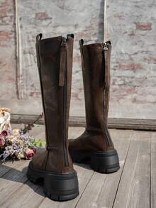 Jesień/zima 2025 Nowe buty damskie, skórzane, za kolano, z okrągłym noskiem, na grubym obcasie i grubej podeszwie, zapinane na zamek błyskawiczny z tyłu, wysoka, wodoodporna platforma, brązowe buty do połowy łydki, odpowiednie do codziennych dojazdów do pracy, modne damskie długie kozaki, rozmiar zaniżony, zalecamy zamówienie w górę