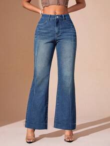 Jeans acampanados de cintura alta para mujer, estilo casual, pantalones de mezclilla lavados claros, campana para mujer para la calle - Azul - Ver 3