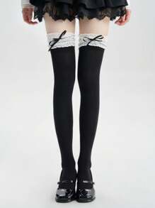 1 Pair Bow Lace Trim Over-The-Knee Socks, Suitable For Pairing With Skirts, Y2K