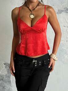 WOWDARK 女士夏季缎面提花V领吊带背心，时尚性感，适合情人节、约会、旅行、度假、海滩等休闲场合。 - 紅色 - 查看 3