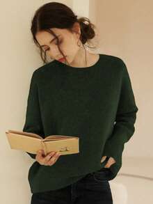 Knit Mix 优雅女士针织法式通勤毛衣，休闲宽松长袖圆领套头衫，适合秋冬季、圣诞节、感恩节、新年、情人节等节日穿着，是返校季和秋季女装的理想选择。 - 軍綠色 - 查看 7