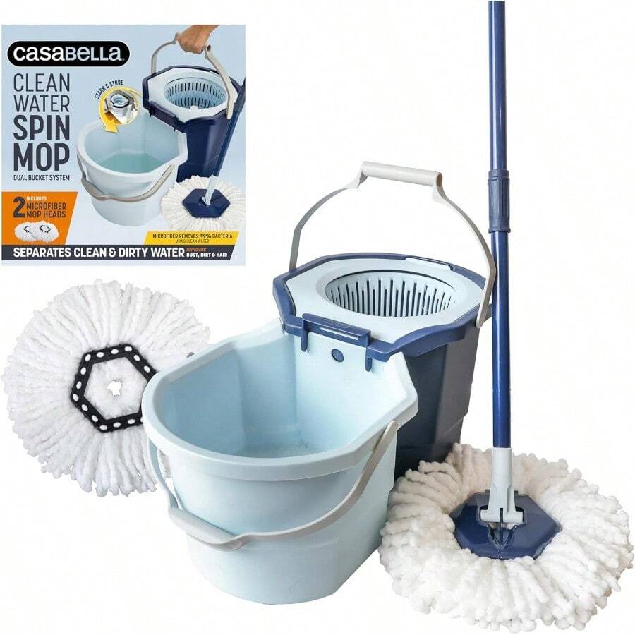 2025 Popular Styles Spin Mop System With Extra Mop Head Refill TwoBucket Design With Splash Guard Builtin Measuring Cup And Scraper Tool With Easy Wring Pedal Spinner 1.25Gallon BlueFamily Choice
