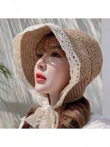 Nuovo cappello di paglia a tesa larga di stile boho da donna, con decorazione in pizzo e fiocco, cappello da spiaggia alla moda, a tesa ampia pieghevole per uso esterno, tempo libero, viaggi, colore vivace - Multicolore - Visualizzare 16