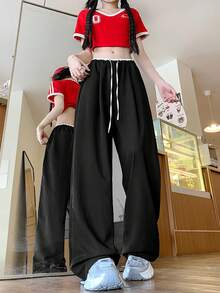 撞色丝滑阔腿裤女夏季薄款纹理直筒休闲裤 - 黑色 - 查看 5