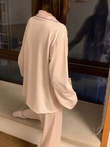 2pcs Women Striped Pajama Set, Purple & Pink, Button-Up Long Sleeve Top And Loose Pants, Comfortable Sleepwear For Home Use, Suitable For Spring And Autumn, Fall Winter Clothes