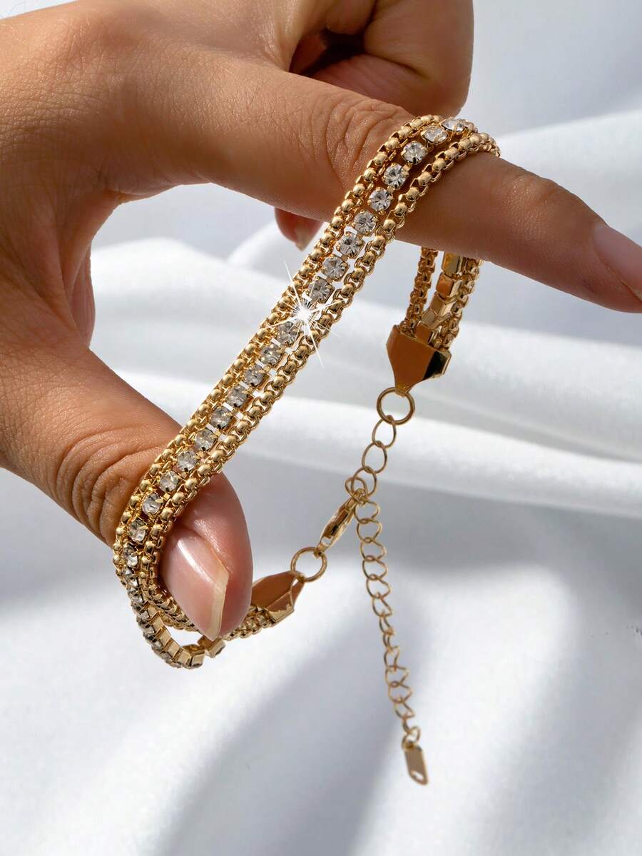 1 件优雅不褪色心形吊坠手链，情人节、周年纪念日和日常时尚穿着的完美选择 - 金色帶鑽 - 查看 1