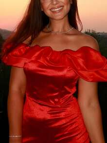 Women's Solid Red Mini Puff Sleeve One-Shoulder Collar Elegant Waisted Swing Christmas Date Party Dress, Wedding Women Dresses - Đỏ - Xem 3