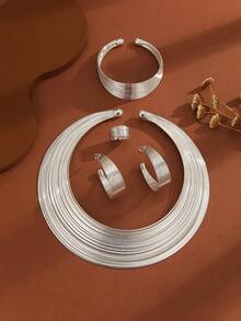 1 Bộ 5 chiếc vòng cổ cô dâu Nigeria, Vòng cổ hợp kim nhiều sợi, Bộ trang sức 4 món, Trang trí xuyên biên giới - Bạc - Xem 3