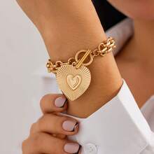 Inlaid Diamond Heart Metallic Pendant Necklace Light Luxury Style Spring Buckle Collarbone Chain Set Women Adjustable Bracelet Jewelry - 02 金色手鍊 2583 - 查看 3