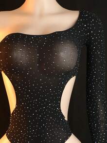 [Sensual Bodysuit] Glamorous Black Mesh Bodysuit With Rhinestone Details | Hollowed-Out Long Sleeve Lingerie For Women, Erotic One-Piece Costume, Hand Washable, High Cut Design, Special Occasions - 黑色 - 查看 5