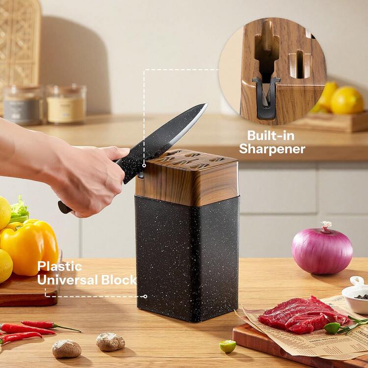 Knife Set, Yabano No Rust Kitchen Knives With PE Universal Knife Block 7 Pieces, High Grade Small Knife Block Set With Black Coating, Dishwasher Safe - Black and White - View 4
