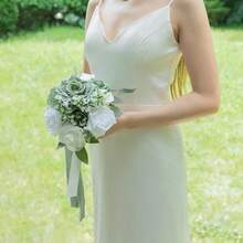 Dusty Blue Wedding Bouquets For Bride Bridesmaid, White Wedding Artificial Roses Flowers For Wedding Bouquets Ceremony, Anniversary - Sage Green - View 4