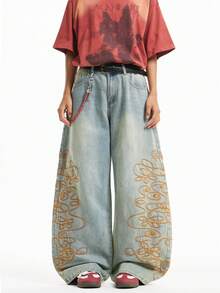 1pc Justice Brother Casual Loose Fit Distressed Embroidered Wide Leg Jeans For Men (Belt And Accessories Not Included) - Blue - View 4