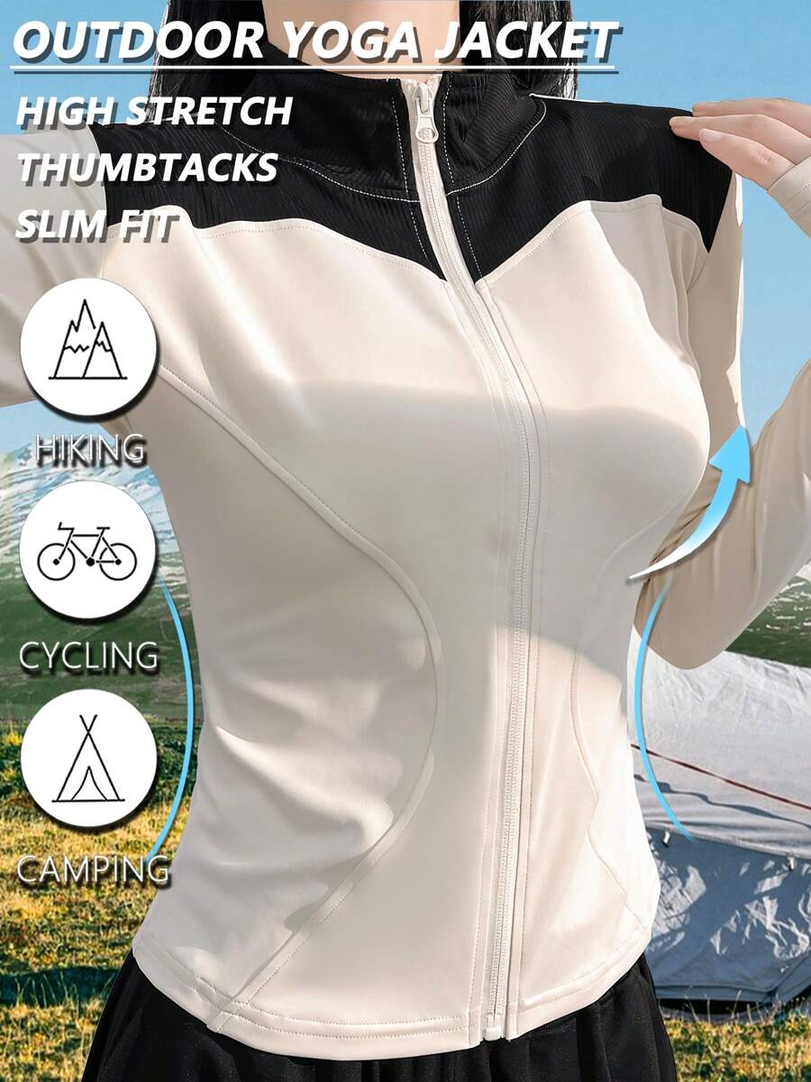 1 件女士时尚性感塑形撞色拼布瑜伽夹克低冲击立领带拇指孔冬季夹克女士拉链长袖舒适柔软开衫秋季户外度假修身运动上衣适合日常瑜伽、健身、跑步、骑自行车、训练、网球