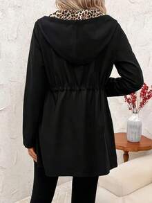 Women's Reversible Hooded Zip-Up Jacket, Leopard Print & Solid Black Casual Long Parka Coat, Suitable For Daily Wear And Travel, Autumn