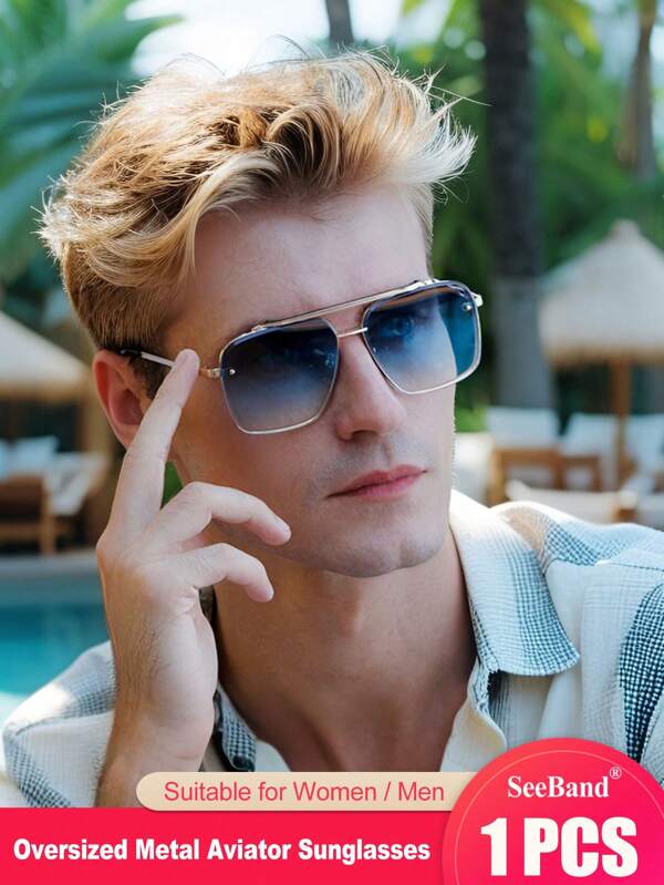 SeeBand Fashion Oversized Aviator Fashion Glasses For Men Flat Top Shades Glasses Gold Frame Gradient Grey Lens Designer Style Stylish Vintage Casual Elegant Personalized Spectacles For Summer Beach Vacation,Outdoor,Travel