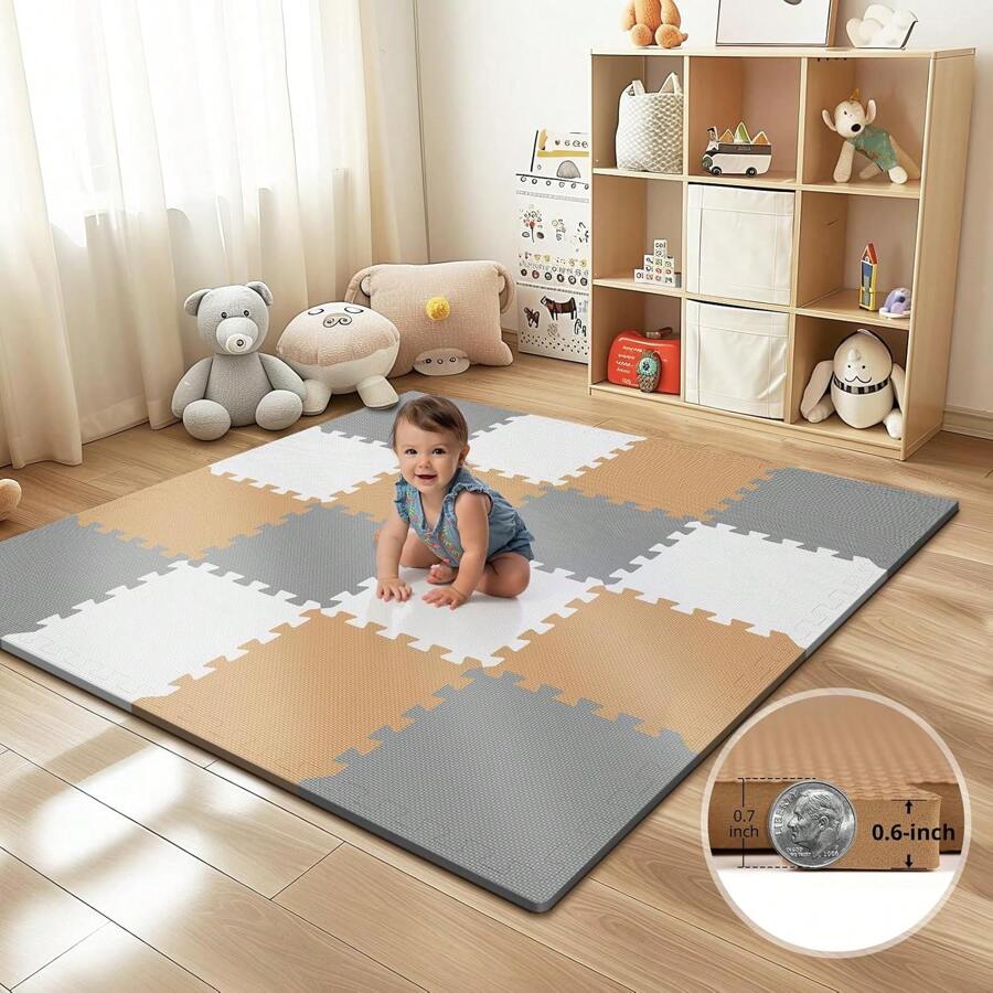 16 Tiles Baby Play Mat For Floor, EVA Foam Baby Floor Play Mat With 0.6 Inch Thick Interlocking Foam Tiles, Foam Floor Tiles For Baby, Toddlers And Kids - White Grey Coffee - View 1