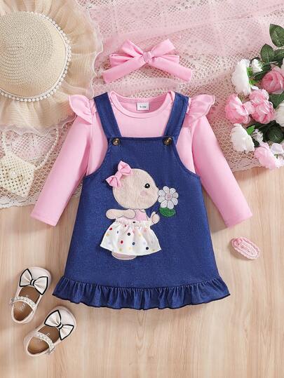 Vestido de outono/inverno para bebês meninas, gola redonda, mangas flare fofas e laço, saia com estampa floral e borboleta, moderno, confortável e fofo, adequado para uso diário ou ao ar livre para meninas