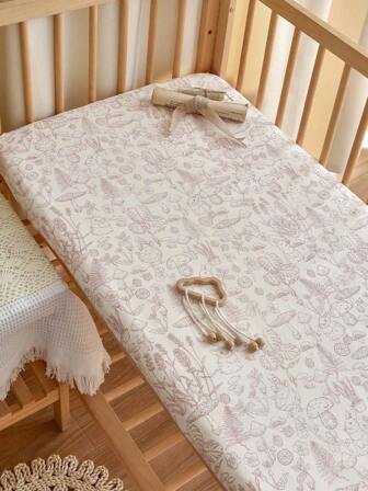 1pc 120*60cm Baby Crib Soft & Breathable 100% Cotton Muslin Fitted Sheet With Rabbit Pattern