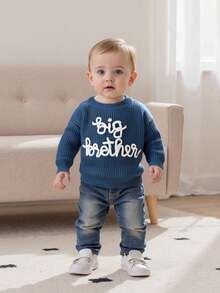 Toddler Boys Knitted Jumper Big Bro Letter Embroidery Round Neck Pullover Sweater Baby Warm Knit Tops Pullover Knitwear - 西部藍 - 查看 7