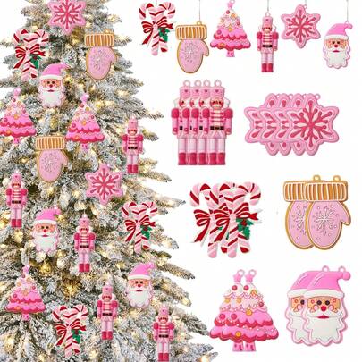 16 件粉色姜饼人圣诞树挂饰，圣诞装饰，圣诞树挂饰套装，适用于圣诞树装饰、圣诞派对、家居装饰、婚礼、商店橱窗、室内外装饰