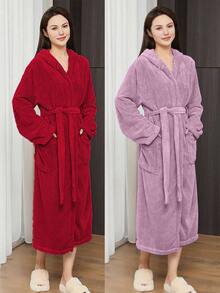 女士珊瑚绒连帽浴袍，长款，多种颜色可选，男女通用，3D菠萝图案设计，柔软蓬松保暖，带腰带和口袋，女士家居服，休闲服，可作毛巾、浴袍、女士浴巾使用，超柔软绒毛