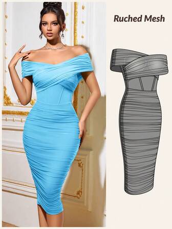 CurvySweet 复古时尚可变式露肩领口派对褶饰紧身连衣裙，透气网眼，亲肤内层，优雅晚装，婚礼宾客礼服，适合约会、商务社交活动、生日、派对、节日、度假