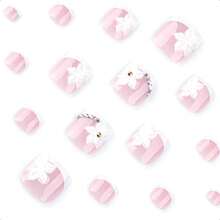 French Tip Press On Toenails Short Square Fake Toe Nails White Flower False Toenails 3D Floral Toe Press On Nails With Rhiness Design Ossy Pink Acrylic Toenails Summer Nails For Women 24Pcs-0345 - 粉色 - 查看 5